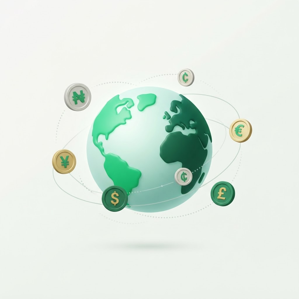 A globe with naira, yuan, dollar, euro, pound and cedi coins orbiting around it